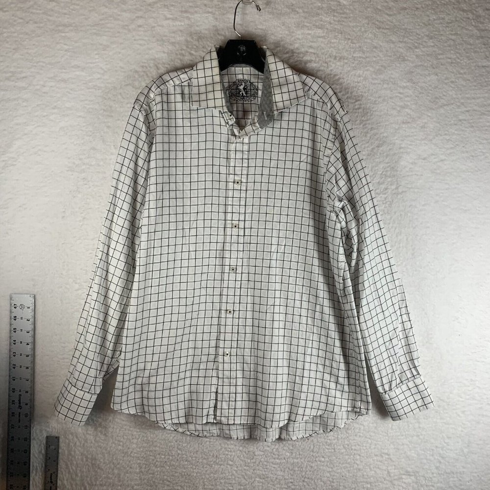 BUGATCHI Shirt Men's Large White Checked 100% Cotton Long Sleeve Button-Up 7675